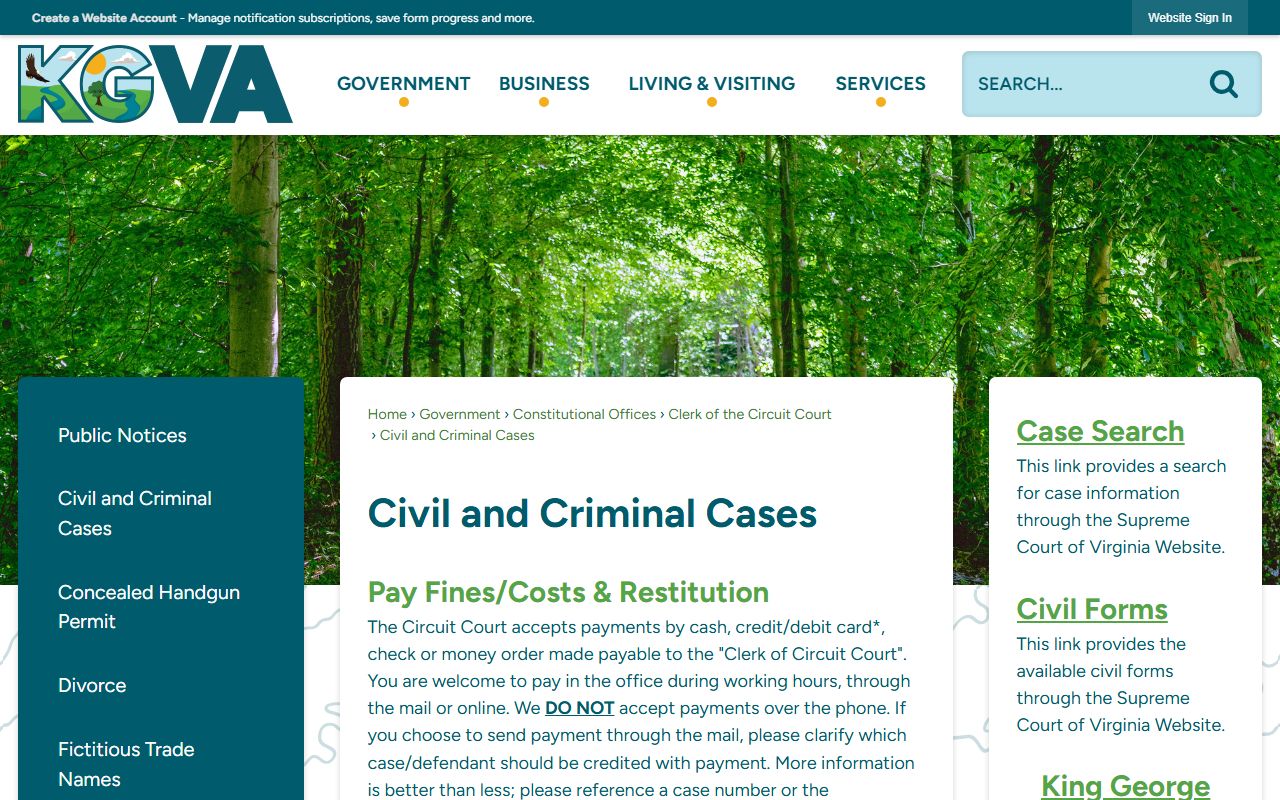 King George County court records after jail arrest case search routing page