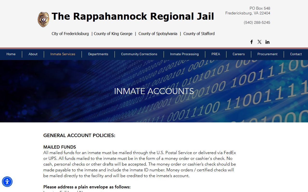 RRJ inmate funds page showing kiosk and JailATM deposit details