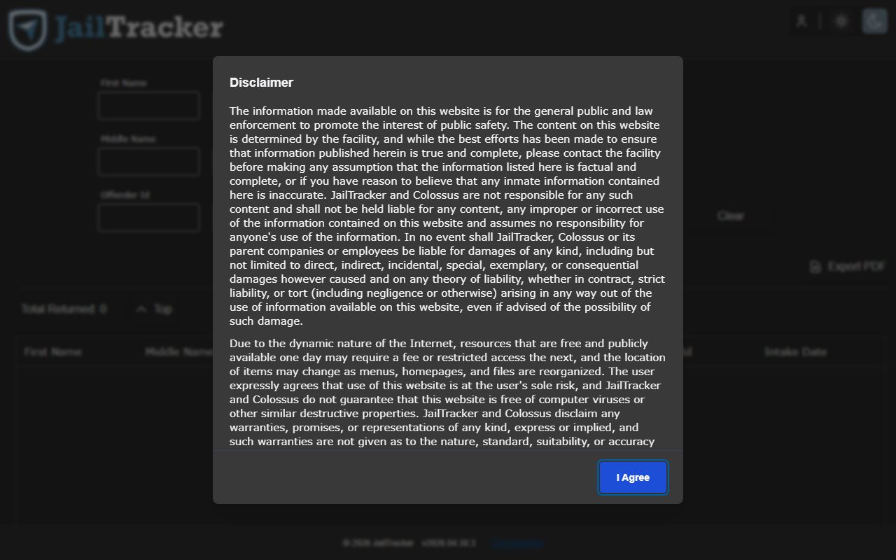 RRJ JailTracker public roster search interface